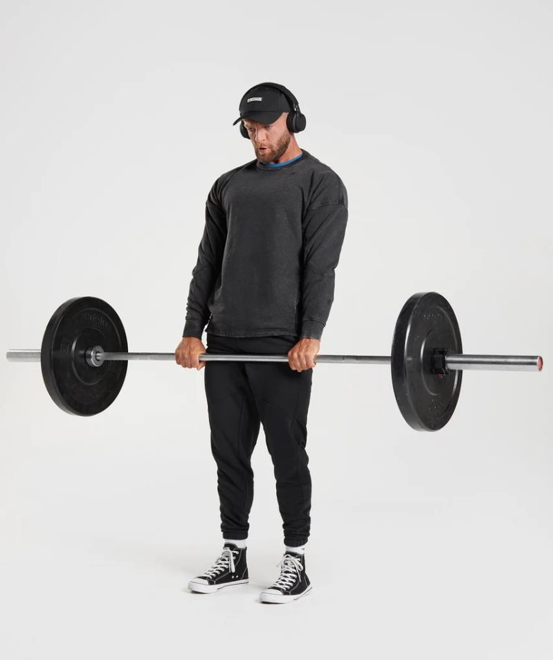 Men's Gymshark Power Washed Crew Sweatshirts Black | NZ 2VZQNS